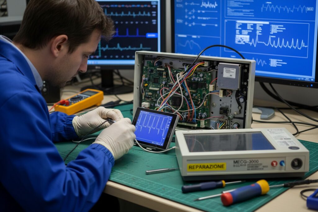 Un tecnico indossa guanti protettivi mentre ripara un dispositivo medico elettronico su un banco da lavoro.